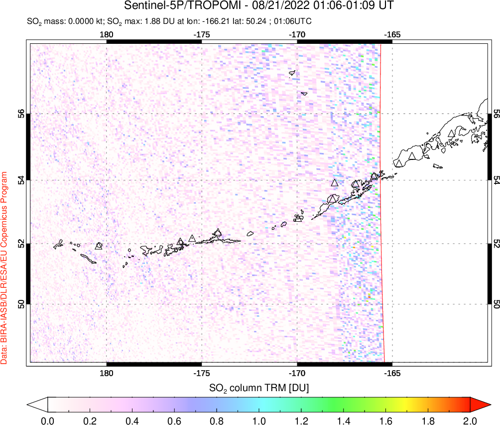 A sulfur dioxide image over Aleutian Islands, Alaska, USA on Aug 21, 2022.