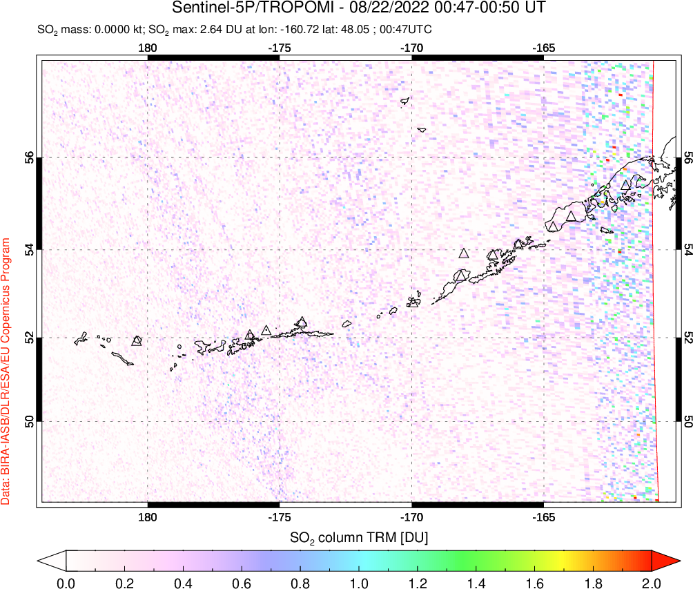 A sulfur dioxide image over Aleutian Islands, Alaska, USA on Aug 22, 2022.