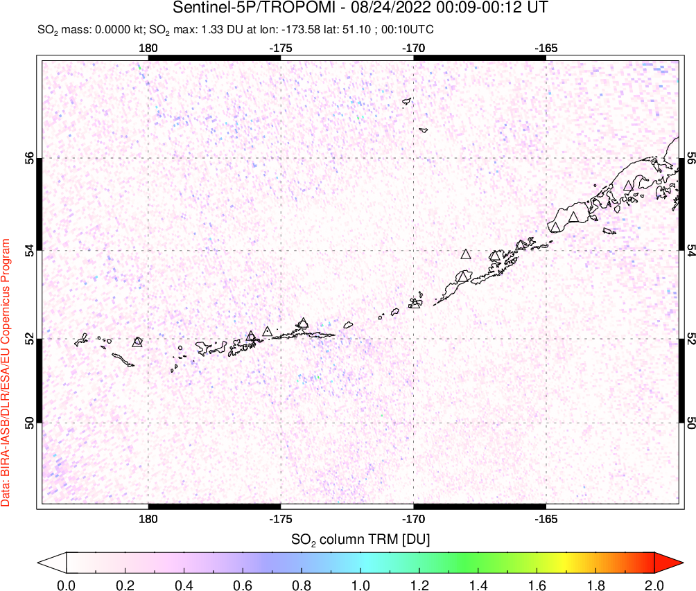 A sulfur dioxide image over Aleutian Islands, Alaska, USA on Aug 24, 2022.
