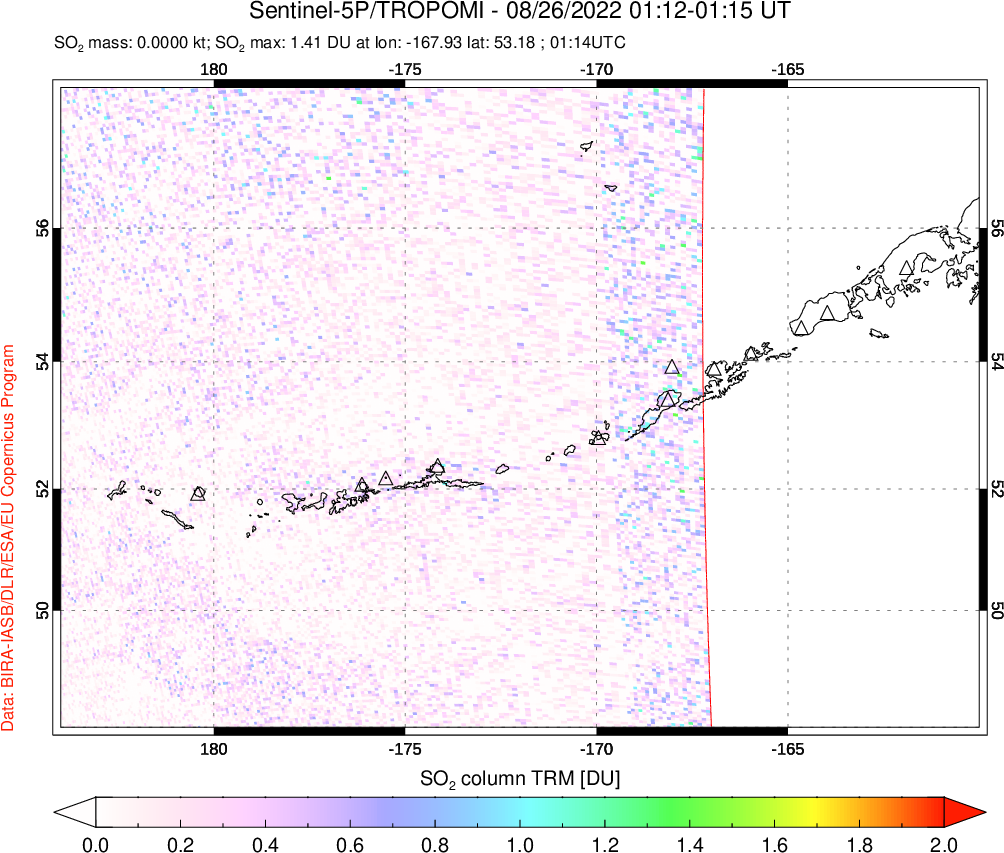 A sulfur dioxide image over Aleutian Islands, Alaska, USA on Aug 26, 2022.