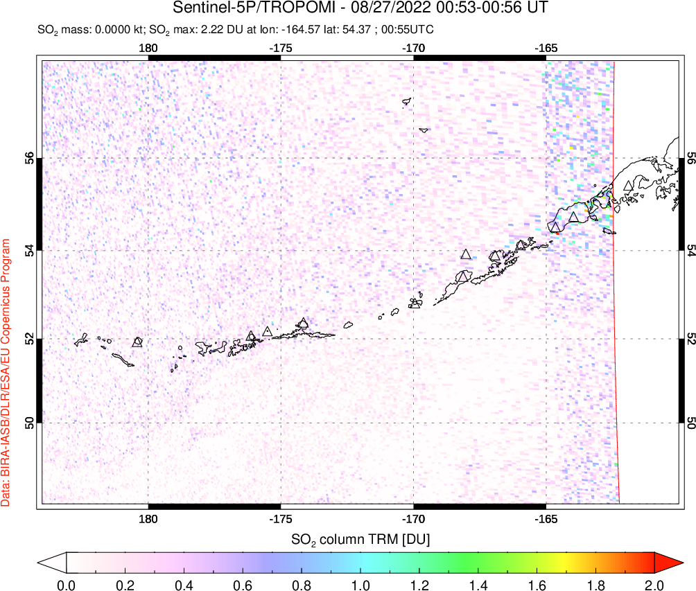 A sulfur dioxide image over Aleutian Islands, Alaska, USA on Aug 27, 2022.