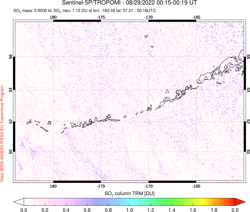 A sulfur dioxide image over Aleutian Islands, Alaska, USA on Aug 29, 2022.