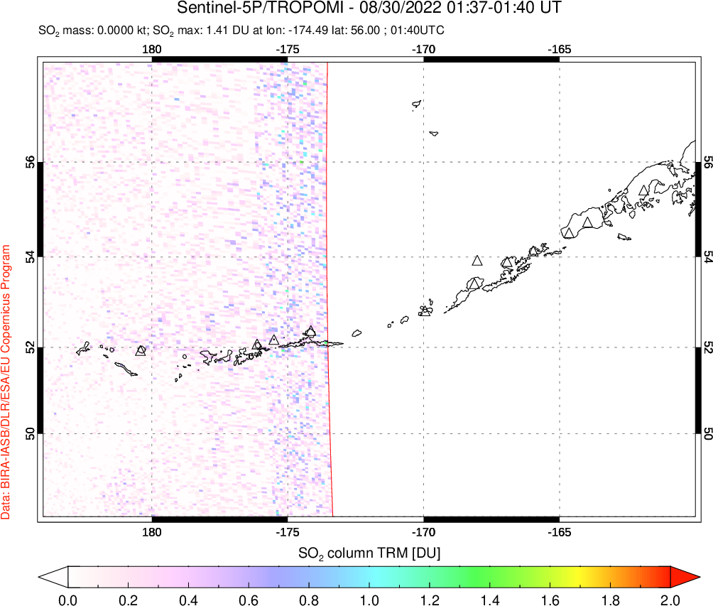 A sulfur dioxide image over Aleutian Islands, Alaska, USA on Aug 30, 2022.