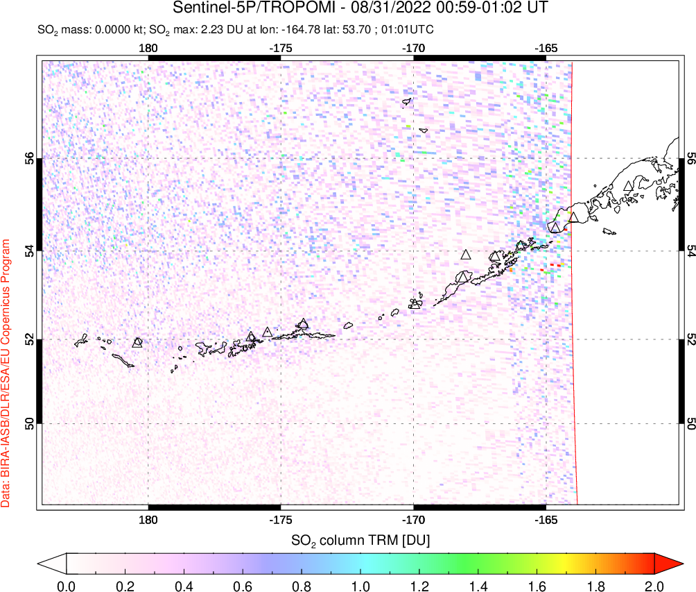 A sulfur dioxide image over Aleutian Islands, Alaska, USA on Aug 31, 2022.