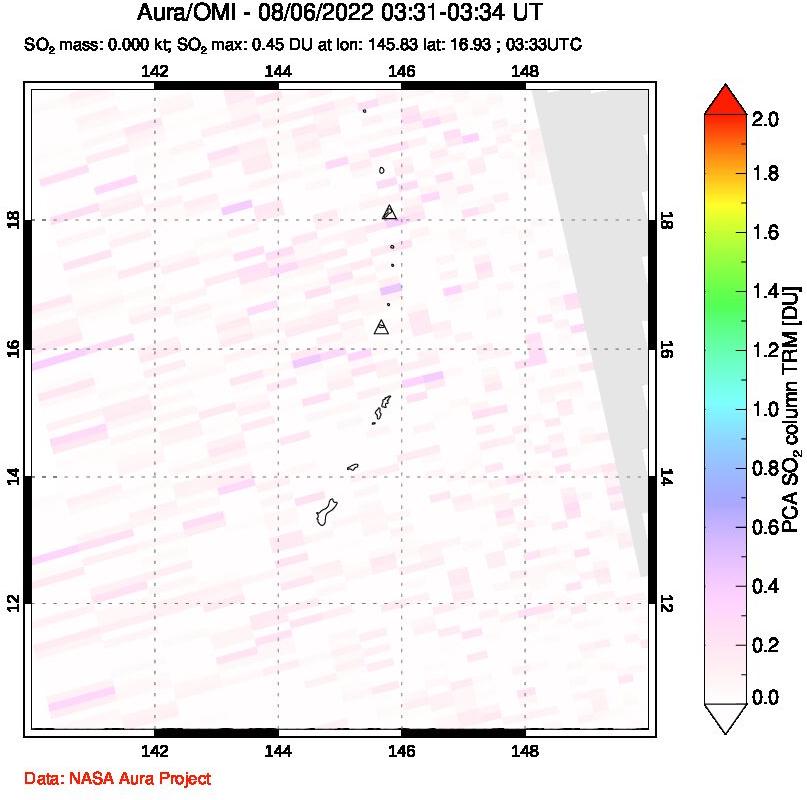 A sulfur dioxide image over Anatahan, Mariana Islands on Aug 06, 2022.