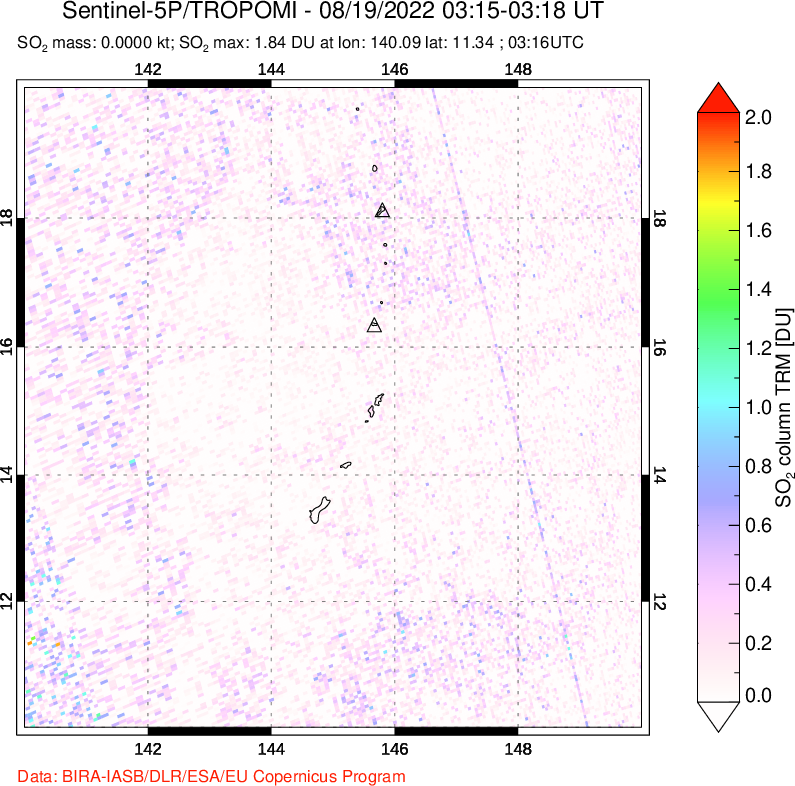 A sulfur dioxide image over Anatahan, Mariana Islands on Aug 19, 2022.