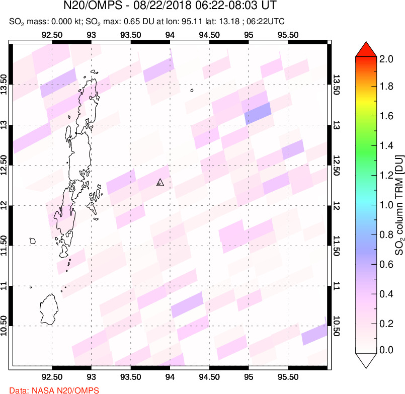 A sulfur dioxide image over Andaman Islands, Indian Ocean on Aug 22, 2022.