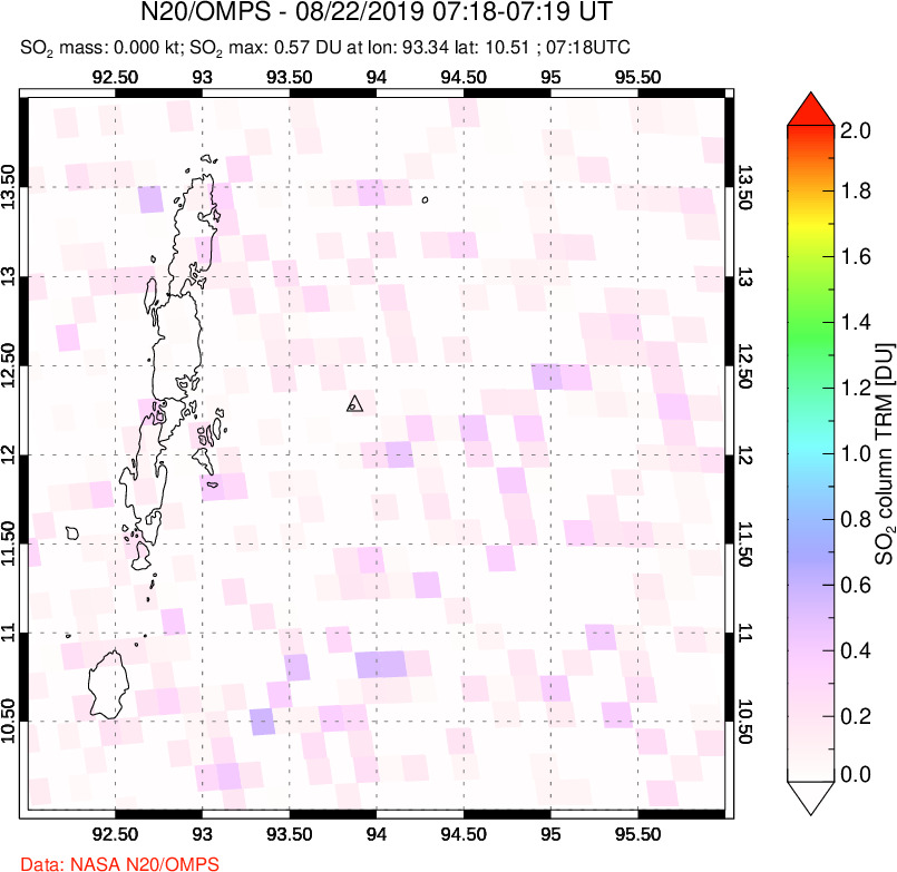 A sulfur dioxide image over Andaman Islands, Indian Ocean on Aug 22, 2022.