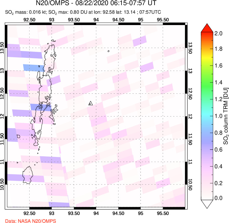 A sulfur dioxide image over Andaman Islands, Indian Ocean on Aug 22, 2022.