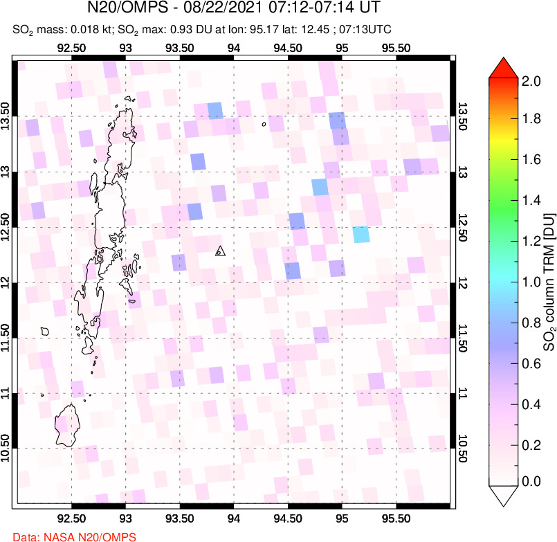 A sulfur dioxide image over Andaman Islands, Indian Ocean on Aug 22, 2022.