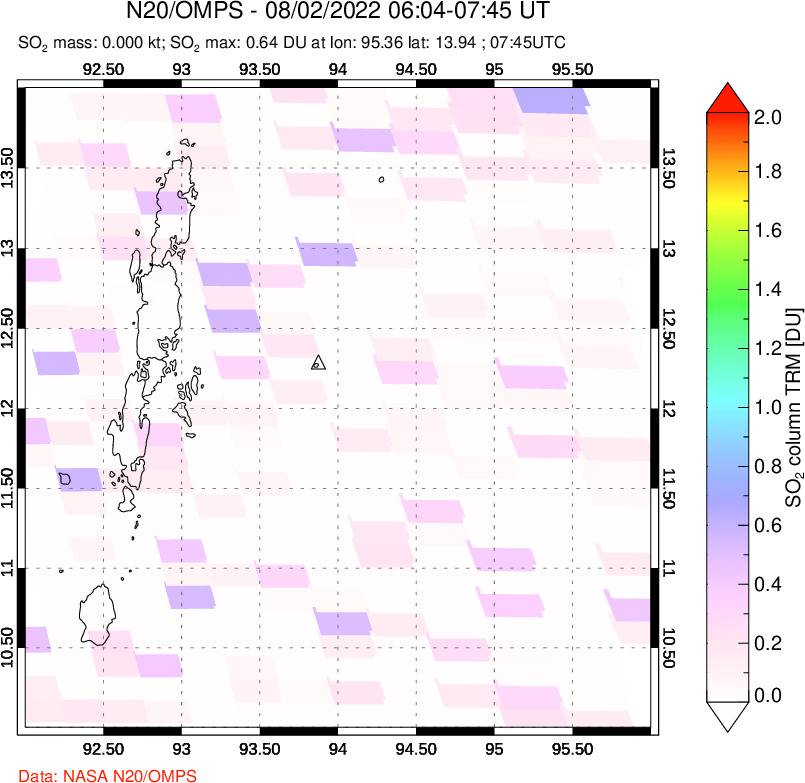 A sulfur dioxide image over Andaman Islands, Indian Ocean on Aug 02, 2022.