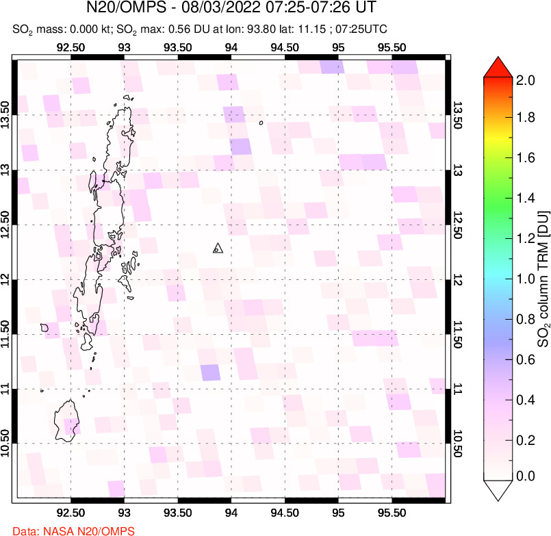 A sulfur dioxide image over Andaman Islands, Indian Ocean on Aug 03, 2022.