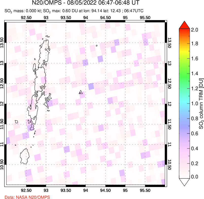 A sulfur dioxide image over Andaman Islands, Indian Ocean on Aug 05, 2022.