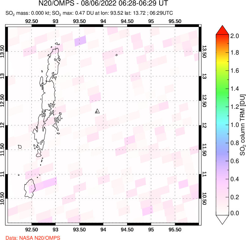 A sulfur dioxide image over Andaman Islands, Indian Ocean on Aug 06, 2022.