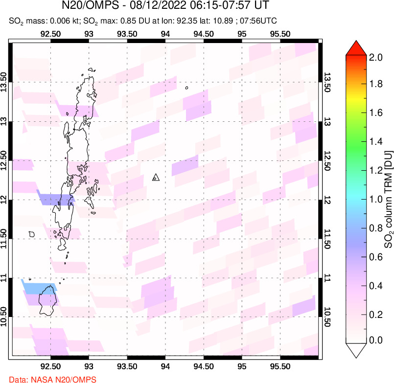 A sulfur dioxide image over Andaman Islands, Indian Ocean on Aug 12, 2022.