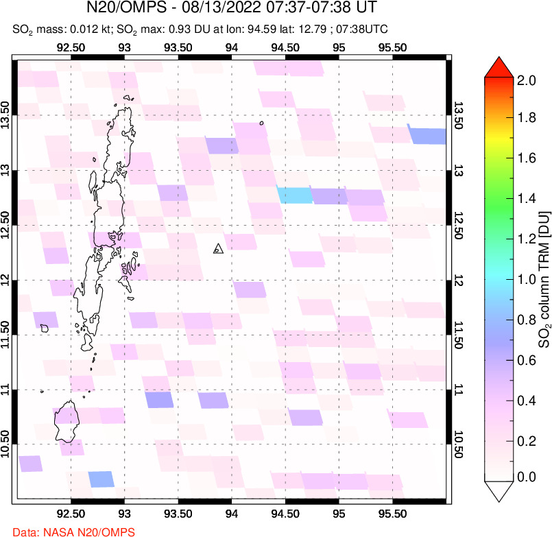 A sulfur dioxide image over Andaman Islands, Indian Ocean on Aug 13, 2022.