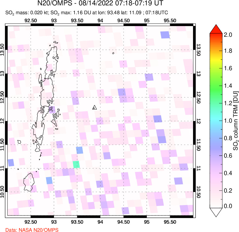 A sulfur dioxide image over Andaman Islands, Indian Ocean on Aug 14, 2022.