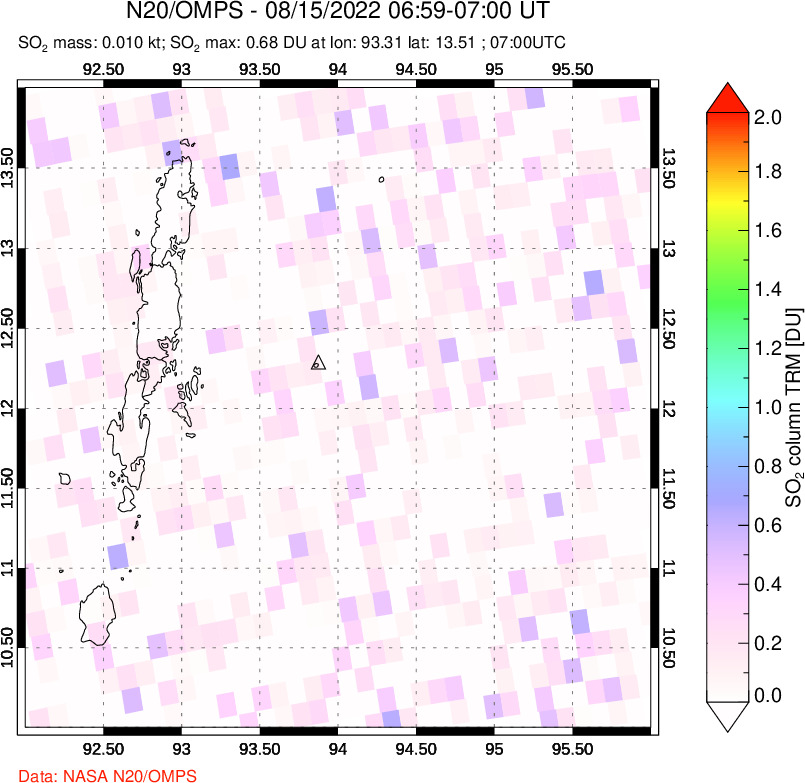 A sulfur dioxide image over Andaman Islands, Indian Ocean on Aug 15, 2022.