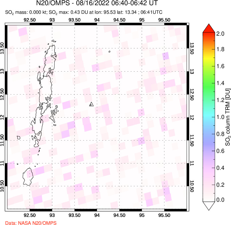 A sulfur dioxide image over Andaman Islands, Indian Ocean on Aug 16, 2022.