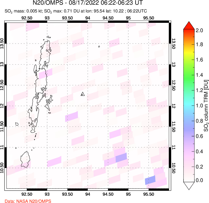 A sulfur dioxide image over Andaman Islands, Indian Ocean on Aug 17, 2022.