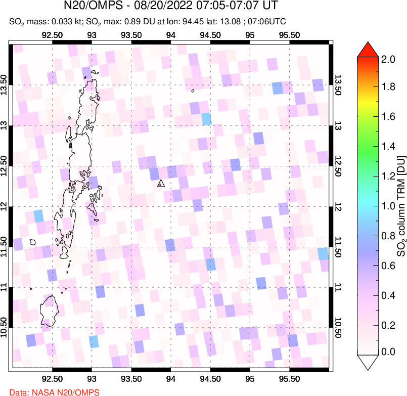 A sulfur dioxide image over Andaman Islands, Indian Ocean on Aug 20, 2022.