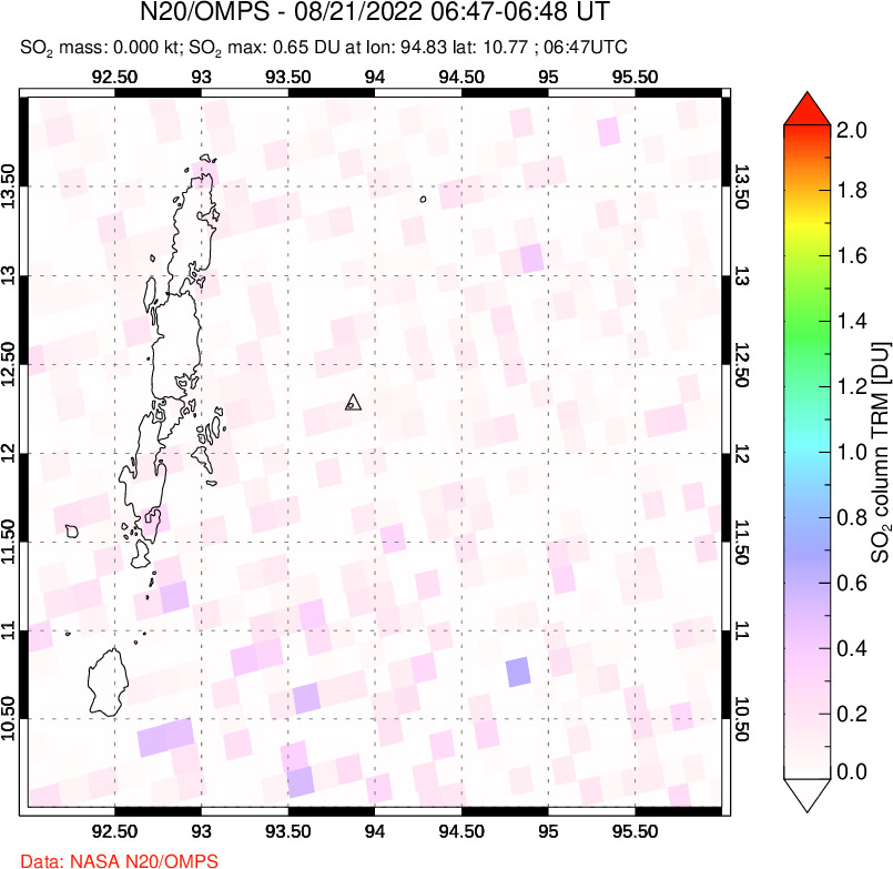 A sulfur dioxide image over Andaman Islands, Indian Ocean on Aug 21, 2022.