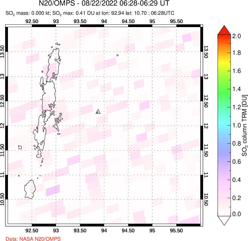 A sulfur dioxide image over Andaman Islands, Indian Ocean on Aug 22, 2022.