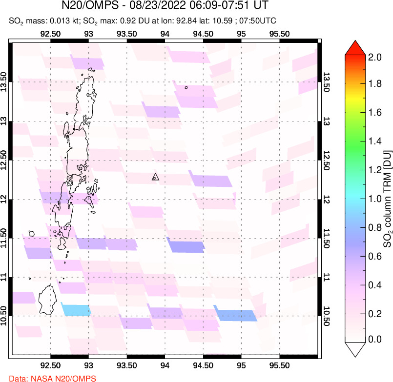 A sulfur dioxide image over Andaman Islands, Indian Ocean on Aug 23, 2022.