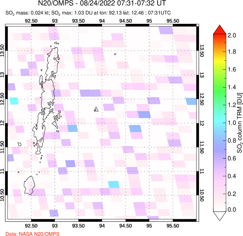 A sulfur dioxide image over Andaman Islands, Indian Ocean on Aug 24, 2022.