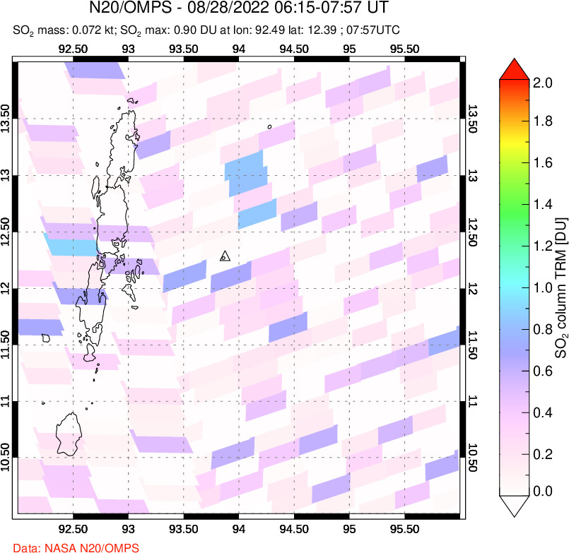 A sulfur dioxide image over Andaman Islands, Indian Ocean on Aug 28, 2022.