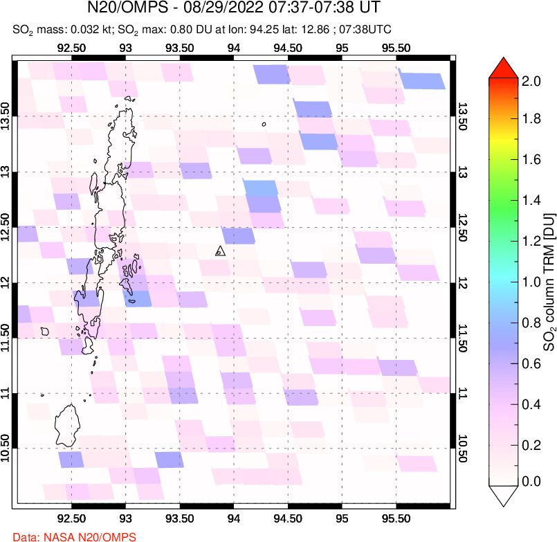 A sulfur dioxide image over Andaman Islands, Indian Ocean on Aug 29, 2022.