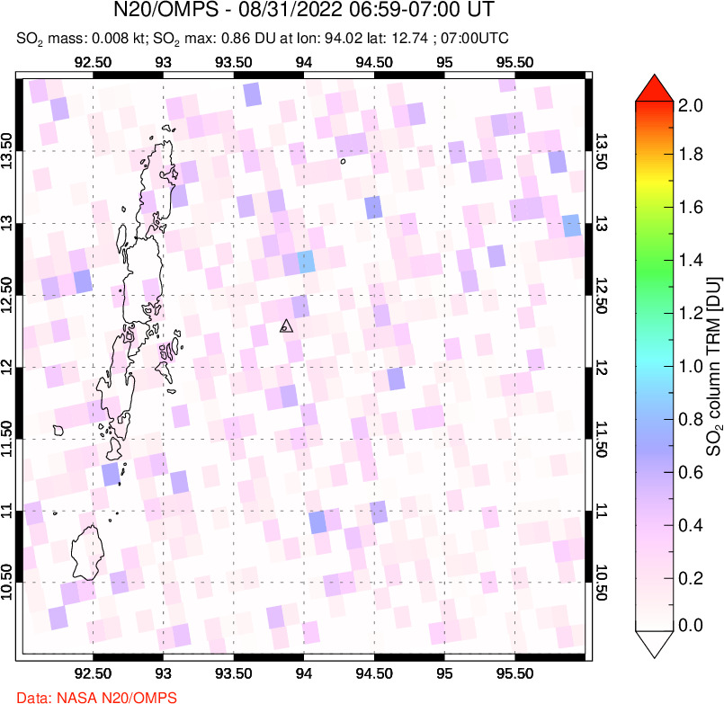 A sulfur dioxide image over Andaman Islands, Indian Ocean on Aug 31, 2022.