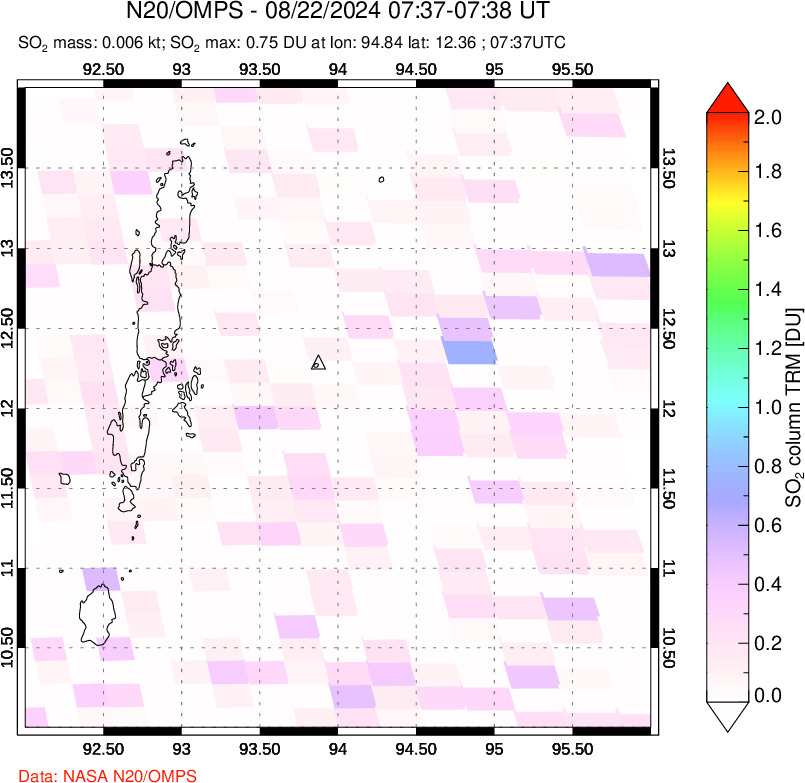 A sulfur dioxide image over Andaman Islands, Indian Ocean on Aug 22, 2022.