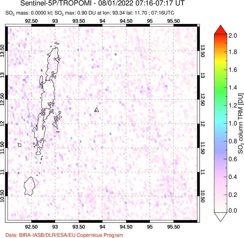 A sulfur dioxide image over Andaman Islands, Indian Ocean on Aug 01, 2022.