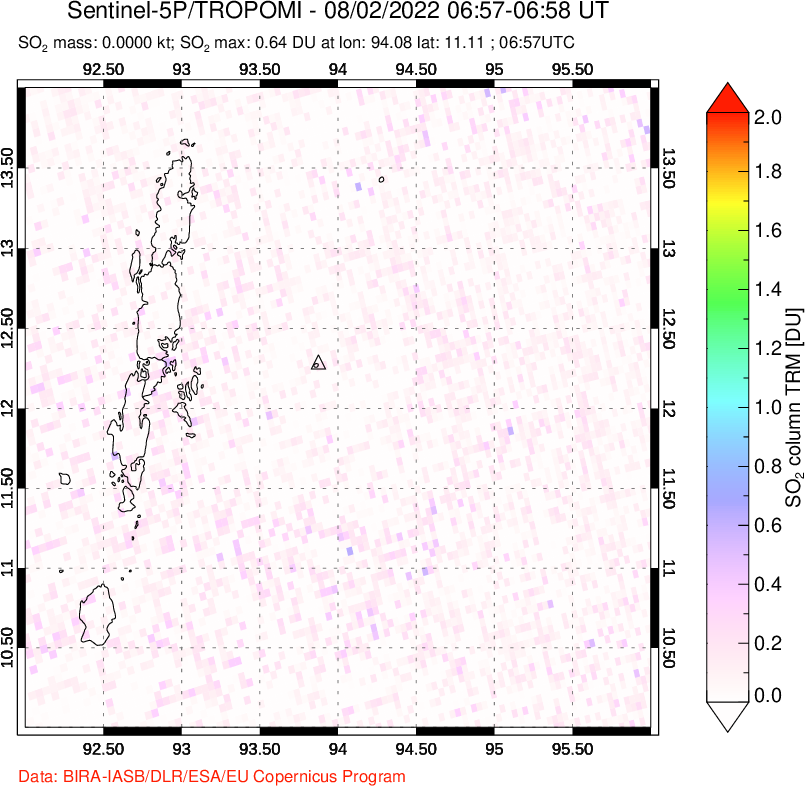 A sulfur dioxide image over Andaman Islands, Indian Ocean on Aug 02, 2022.