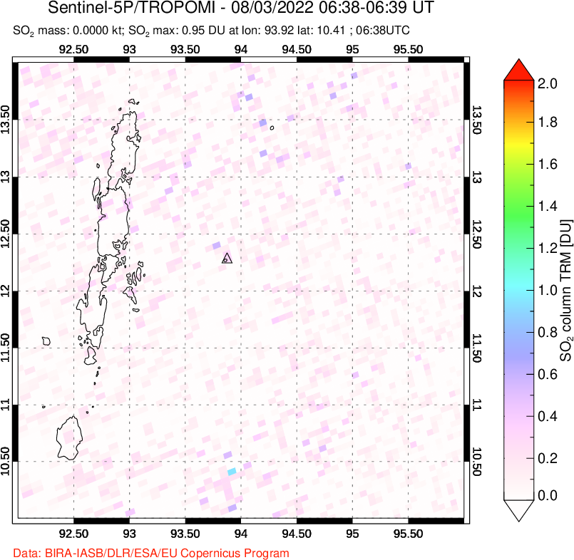 A sulfur dioxide image over Andaman Islands, Indian Ocean on Aug 03, 2022.