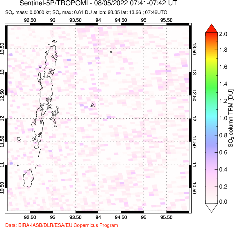 A sulfur dioxide image over Andaman Islands, Indian Ocean on Aug 05, 2022.