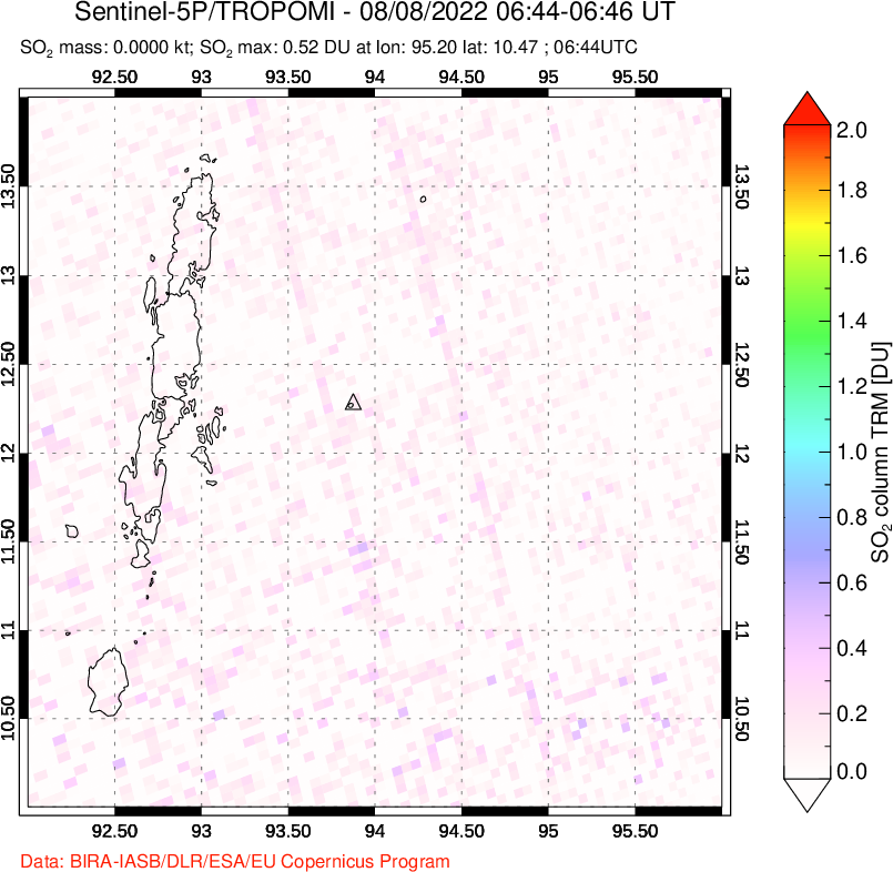 A sulfur dioxide image over Andaman Islands, Indian Ocean on Aug 08, 2022.