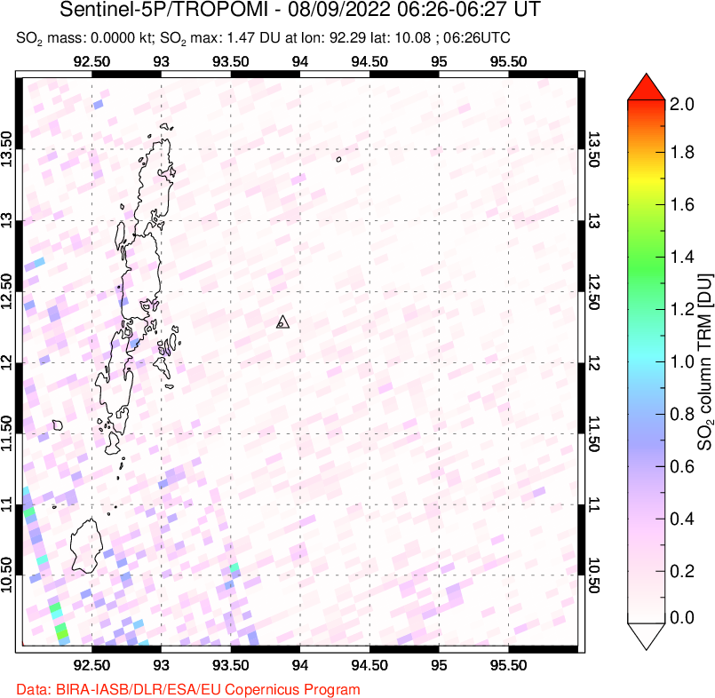 A sulfur dioxide image over Andaman Islands, Indian Ocean on Aug 09, 2022.