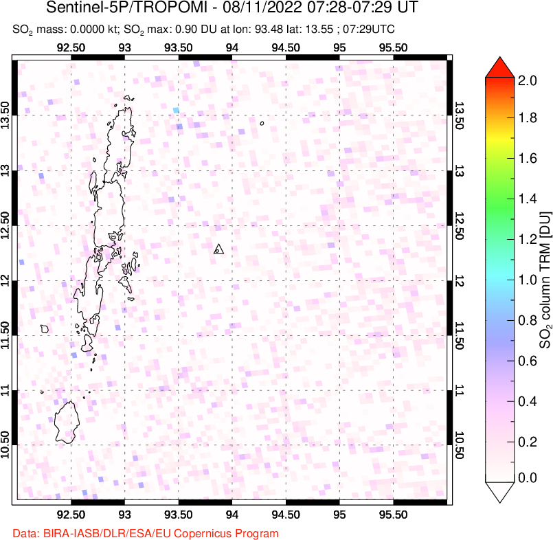 A sulfur dioxide image over Andaman Islands, Indian Ocean on Aug 11, 2022.