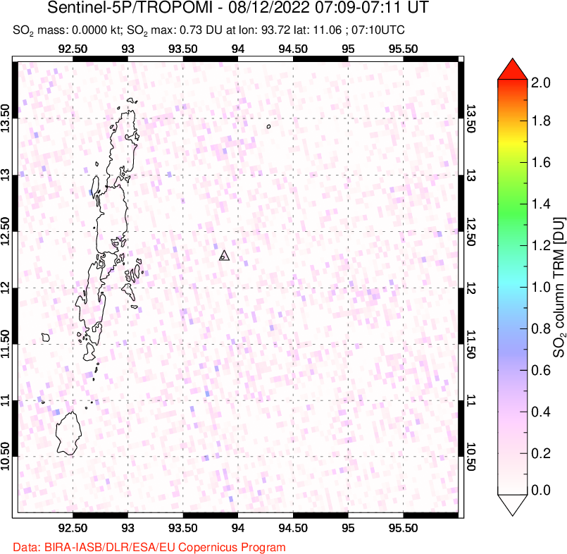 A sulfur dioxide image over Andaman Islands, Indian Ocean on Aug 12, 2022.