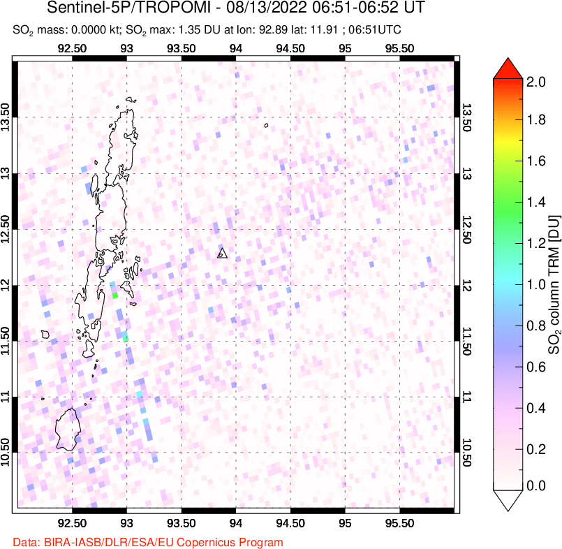 A sulfur dioxide image over Andaman Islands, Indian Ocean on Aug 13, 2022.