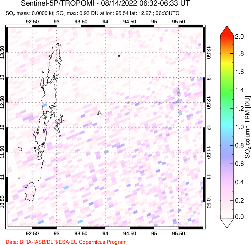 A sulfur dioxide image over Andaman Islands, Indian Ocean on Aug 14, 2022.