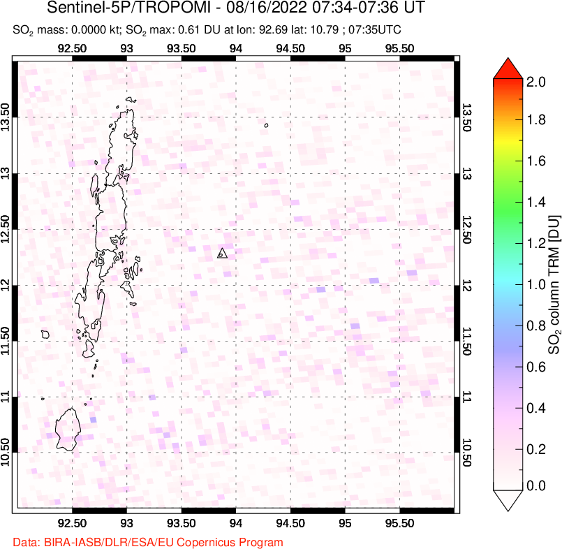 A sulfur dioxide image over Andaman Islands, Indian Ocean on Aug 16, 2022.