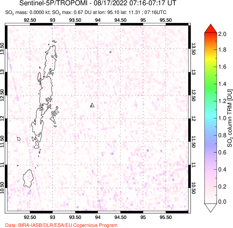 A sulfur dioxide image over Andaman Islands, Indian Ocean on Aug 17, 2022.