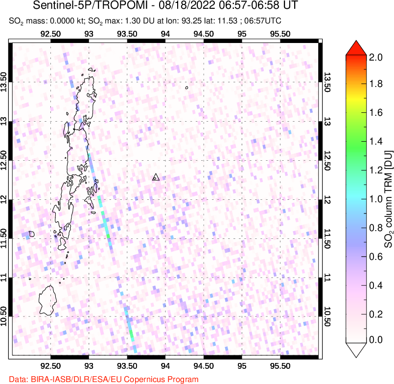 A sulfur dioxide image over Andaman Islands, Indian Ocean on Aug 18, 2022.