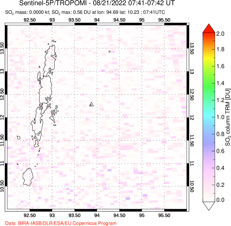 A sulfur dioxide image over Andaman Islands, Indian Ocean on Aug 21, 2022.