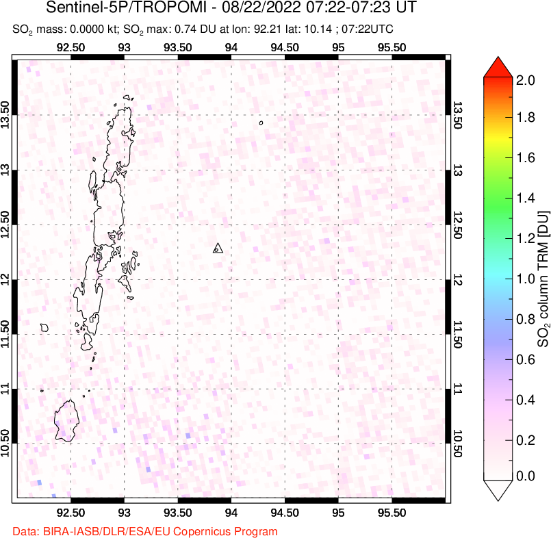 A sulfur dioxide image over Andaman Islands, Indian Ocean on Aug 22, 2022.