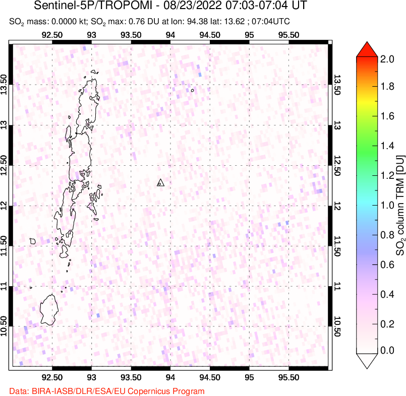 A sulfur dioxide image over Andaman Islands, Indian Ocean on Aug 23, 2022.