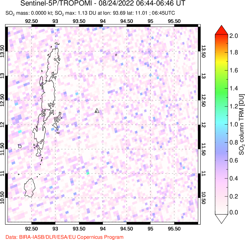 A sulfur dioxide image over Andaman Islands, Indian Ocean on Aug 24, 2022.